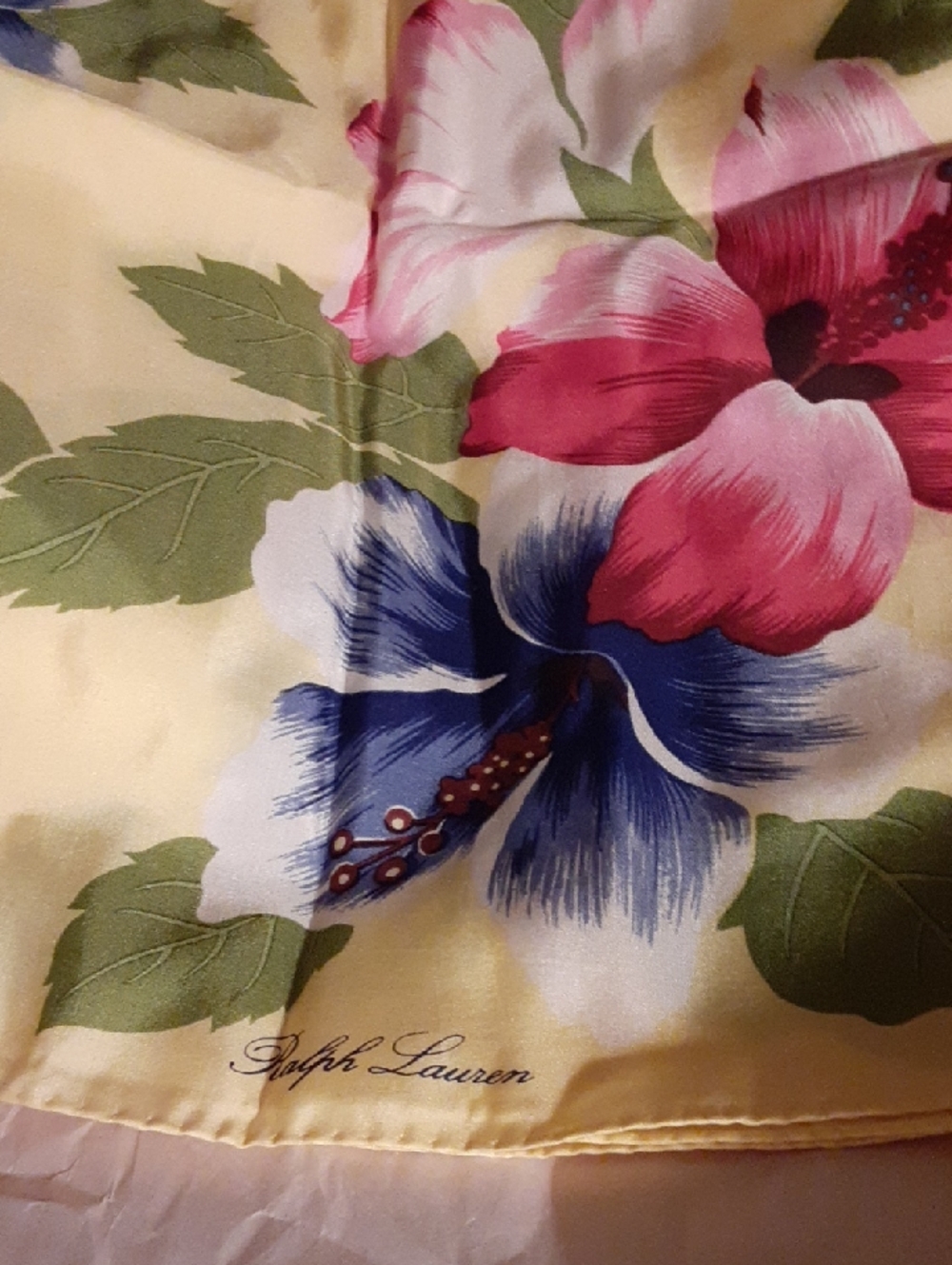 NwOT Polo by Ralph Lauren Yellow Silk Scarf with Pink & Blue Floral Print